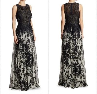 TERI JON Peplum Lace & Silk Chiffon Black/White Gown. Size 12 - Image 1 of 3