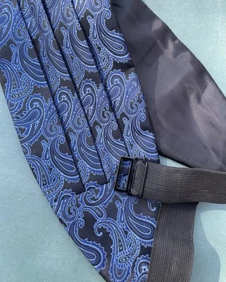 Men’s Cummerbund, Black & Blue Paisley Design 24 Ins Plus Elastic  - Image 1 of 4