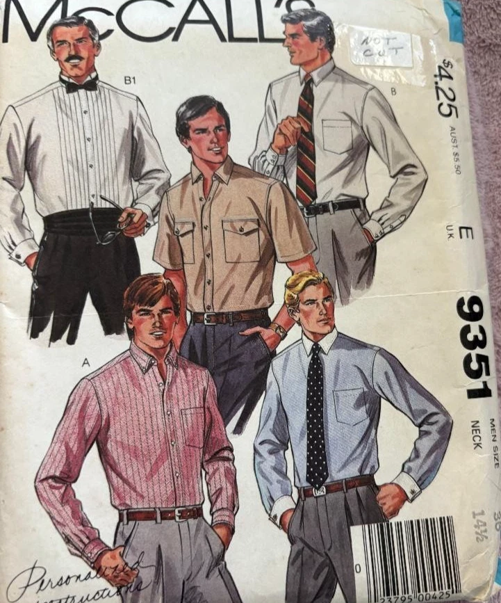 Uncut McCall's Pattern 9351 Men's Classic Tuxedo Button-up Shirts Size 36 14.5 - Image 1 of 1