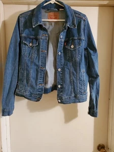 Levi Womens Jean Jacket X L Dark Wash Denim Button Up Casual Red Tab Trucker - Picture 1 of 22