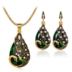Crystal Peacock Green Jewellery Bridal Wedding Party Necklace Earrings Drop Set - Picture 1 of 6