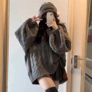 Women Sweater Oversized Knitted Pullovers Long Sleeve V Neck Solid Loose Jumper - Picture 1 of 30
