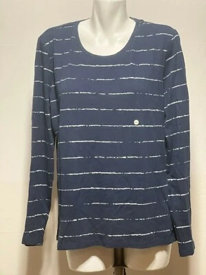 Cotton Women Top Shirt 2X Blue Silver Metallic Stripes Bass New NWT Plus Size  - Image 1 of 4