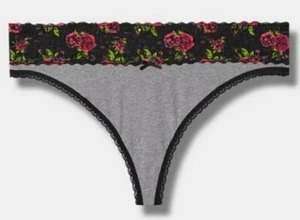 Torrid Gray w/ Floral Lace Waist Cotton Thong Panty Plus Size 3X, 22/24 - Picture 1 of 5