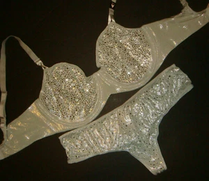 Victoria's Secret unlined 36DD BRA SET M thong SILVER gray CRYSTAL FASHION SHOW - Picture 1 of 4