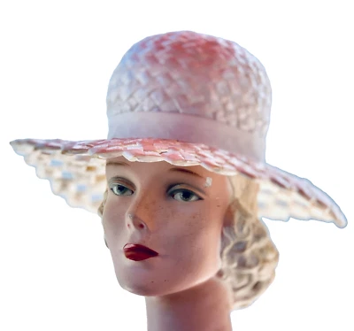vtg retro Womens Hat Louise Straw Ivory Wide Open Weave Brim 1960s 21" S Church - Image 1 of 4