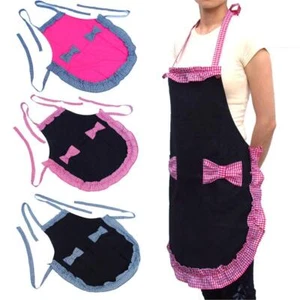 New Cute Red or Black Pocket Style Restaurant Women Bowknot Kitchen Canvas Apron - Picture 1 of 15