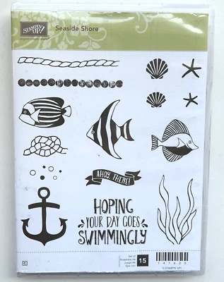 Never Used 15Pc StampSet "Seaside Shore" StampinUp! Fish Anchor Shells Sentiment - Image 1 of 4