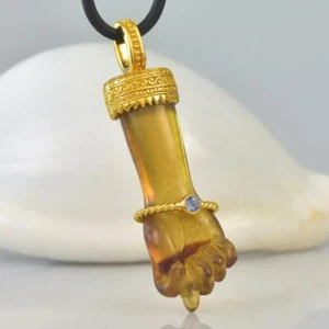 Oro Vermeil de Ley Mano Fico Figa Mano Colgante Tallado Ámbar Tanzanita 5.45G - Imagen 1 de 11