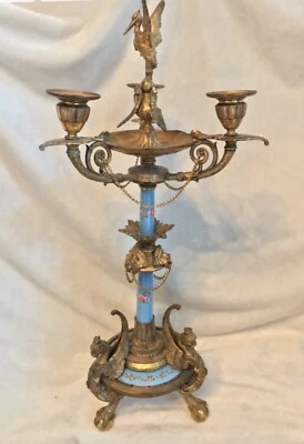 Large French 1860 Dore’ Bronze & Blue P￼orcelain Pink Flower Candelabra 22” Tall - Image 1 of 4