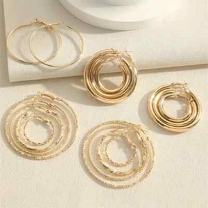 Lot of 8-Pairs Gold Sparkling - Twisted -Wave Hoop Earrings Sets ✨FREE SHIP - Picture 1 of 5