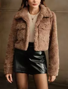 Kurze Jacke aus Teddyfell Kunstfell Faux Fur braun Gr. S - Bild 1 von 7