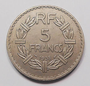 France 1938 NICKEL 5 Francs CHOICE MS BU Key RARE Date Laureate Head French Coin - Picture 1 of 2