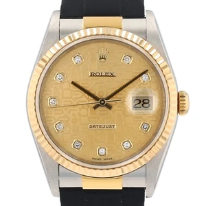 Rolex Mens Datejust Watch 16233 Factory Diamond Dial Fluted Black Oysterflex - Picture 1 of 9