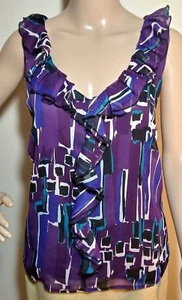 MERONA Blouse sz XL Sheer Ruffled V Black Purple Art Wear No-Stretch Sleeveless - Picture 1 of 6