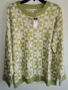 Rue 21 Womens Juniors LARGE Long Sleeve Sweater GREEN FLORAL Just Polly New York - Picture 1 of 3
