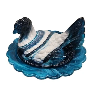 Mosser Art Glass VTG Bermuda Blue Slag Hen on Nest Dish Split Tail RARE Chicken - Picture 1 of 20