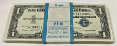 1957 Серия A $1 Серебряный сертификат оригинальный BEP упаковка из 100 последовательных банкнот - Изображение 1 из 4