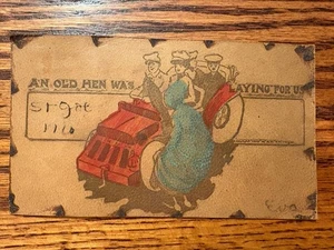 Cartolina in pelle dai colori vivaci 1905 Franklin? Modellino T auto donna cavalcabile St Joe - Foto 1 di 4