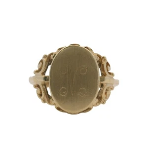 Vintage 1940-50s Solid 10kt Yellow Gold Scroll Oval "M" Signet Ring Size 5.5 - Picture 1 of 5
