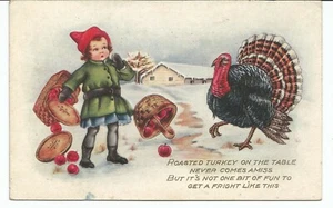 Thanksgiving Mädchen mit Apfelkörben Kuchen Türkei Winterszene Postkarte - Bild 1 von 2