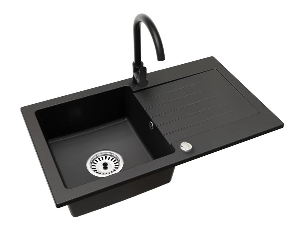 BRADO Schwarze LEON-Granitspüle mit Küchenarmatur und automatischem Siphon in chrom