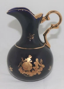 PORCELAIN PITCHER LIMOGES CASTEL FRANCE 22K GOLD COURTSHIP COBALT BLUE 7 1/4" H - Picture 1 of 9