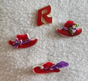 4 Pin LOT Red Hat Society Fashion Brooch Scarf Lapel Enamel Pewter Gold Tones R - Picture 1 of 8