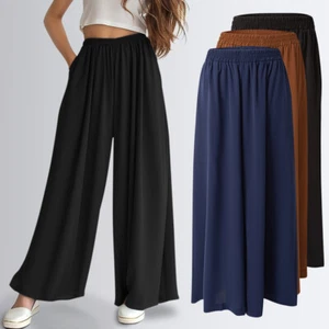 Women Summer Solid Wide Full Length Pants Female Casual Ladies Trouser Plus Size - Picture 1 of 15
