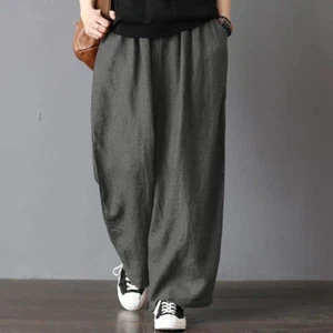 Women's Pants Loose Imitation Cotton Linen Elastic Waist Casual Wide Leg Pants - Picture 1 of 11