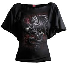 Spiral Women's Dragon Rose-Boat Neck Bat Sleeve Top Black T-Shirt S Black