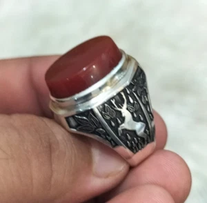 Schöner tiefbrauner Achat Ring mit Hirsch Gravur Silber 925 Karneol Aqeeq - Bild 1 von 9