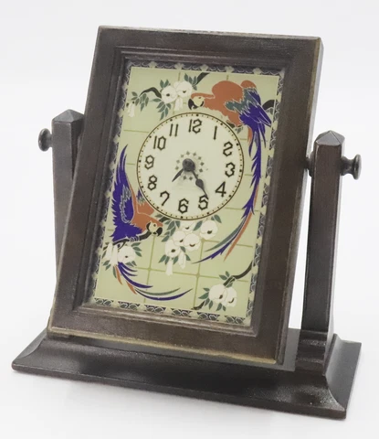 Antique New Haven Clock, Twin Parrot Desk Clock -Gold leaf & reverse paint glass Cover
