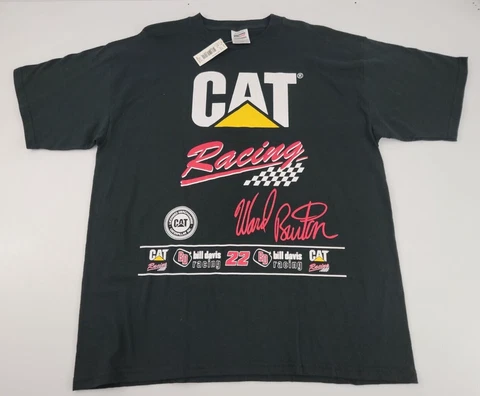 VINTAGE NWT WARD BURTON NASCAR ALL OVER PRINT CAT RACING BLACK T-SHIRT SZ L NOS Cover