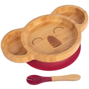 2pc Tiny Dining Red Bamboo Koala Baby Weaning Plate & Fork Set with Suction - Picture 1 of 7
