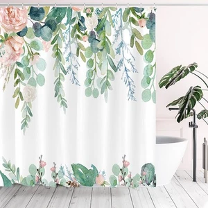 Aesthetic Blooming Floral Shower Curtain Sets, Watercolor Pink Flowers Green ... - Picture 1 of 7