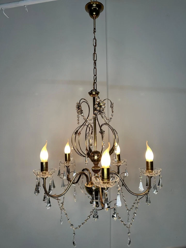 Lampadario in cristallo Swarovski ottone oro sospensione classico vintage 5 luci - Image 1 of 4