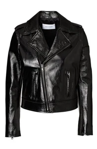 SCANLAN THEODORE-AU 10/US 6-GLOSSY GENUINE LEATHER PATENT BLACK BIKER ZIP JACKET - Foto 1 di 10
