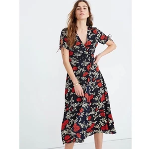 Madewell Hillside Daisies black and red midi wrap dress SZ 4 romantic summer - Picture 1 of 13