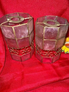 2x BHS vintage Ivory Capiz Shell & Gold Floral Ceiling Lampshade Octagonal - Picture 1 of 8