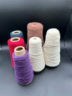 Lot of 6 Mixed Fiber Cones of Weaving Yarn; Wool, Cotton, Silk, etc - Image 1 of 4