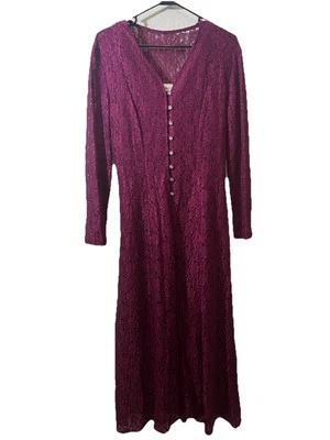 Maxi Vestido Vintage Años 90 Betsys Things 12 Borgoña Manga Larga Corsé Forrado Encaje Foto 1 de 4