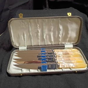 Vintage Set Of 6 Regent Sheffield Ivory White Pearl Handle Serrated Steak Knives - Picture 1 of 6