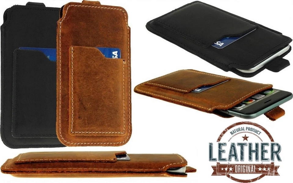 PULL-UP STRIP GENUINE LEATHER SLIM CASE WITH CARD POCKET SLEEVE POUCH FOR PHONE - Image 1 of 4