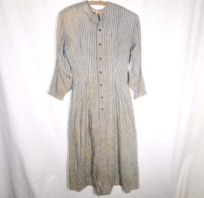 Atq Primitive 1870s 1880s Woven Stripe Ticking Dress Chore Hand Stitched Country - Image 1 of 4