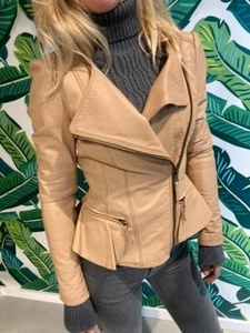 ZARA Schößchen Rüschen Leder Biker Jacke Mantel Camel Nude Ausverkauft Blogger Gr. S/M - Bild 1 von 24