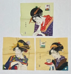 Lote de 3 pañuelos vintage Kitagawa Utamaro bellas artes Japón 13" x 14" decoración 2B - Imagen 1 de 2