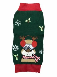 Green Earmuff Reindeer Snowflake & Holly Christmas Dog Sweater Pet Costume - Picture 1 of 1