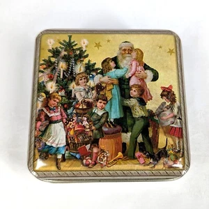 Scatola portagioie vittoriana natalizia metallo latta piccola 3,5" quadrata Babbo Natale bambini - Foto 1 di 5