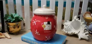 Red snowflake cookie jar with Snowman - Picture 1 of 5
